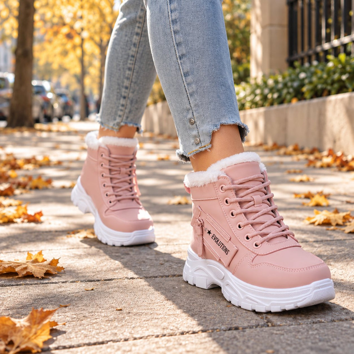 Botines de invierno para mujer con forro de peluche - Rosa