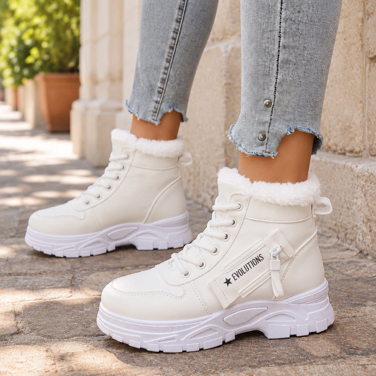Botines de invierno para mujer con forro de peluche - Blanco