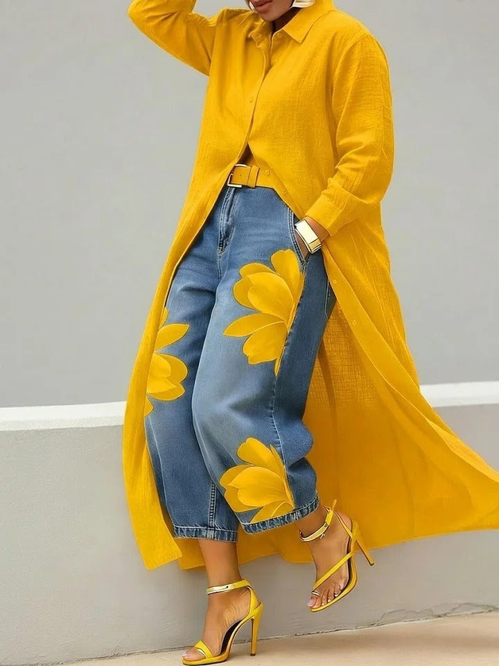 JULIANE | Conjunto de vestido de denim y blusa con estampado floral