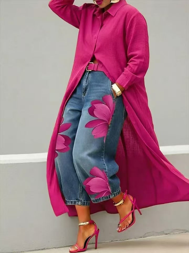 JULIANE | Conjunto de vestido de denim y blusa con estampado floral